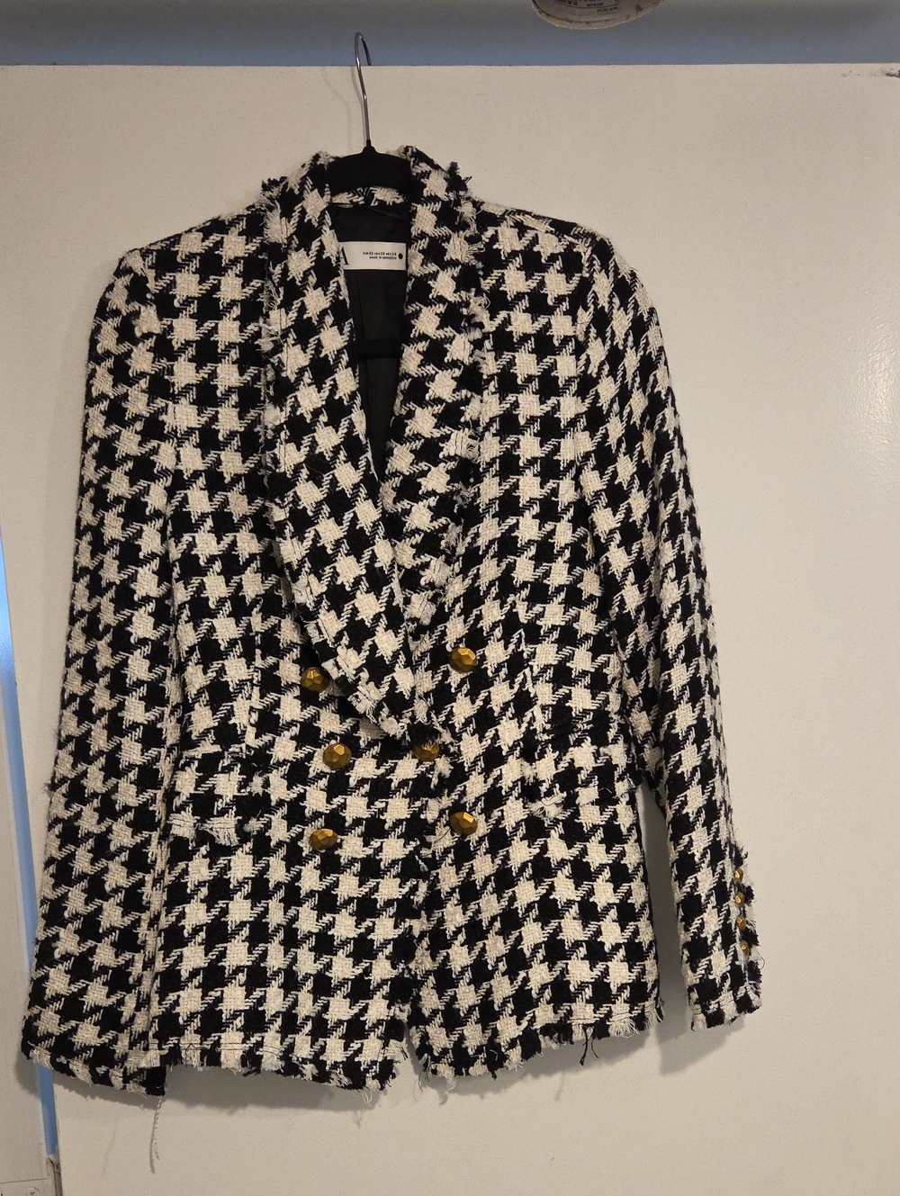 Zara Black & White Houndstooth Double-Breasted Blazer